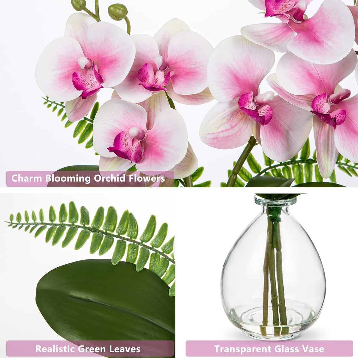 Pink Orchids Artificial Flowers, Faux Orchid in Glass Vase Real Touch Small Phalaenopsis Orchid Flowers Arrangements with Clear Vase Orchids Centerpiece for Dining Room Table