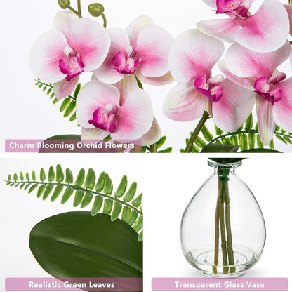 Pink Orchids Artificial Flowers, Faux Orchid in Glass Vase Real Touch Small Phalaenopsis Orchid Flowers Arrangements with Clear Vase Orchids Centerpiece for Dining Room Table