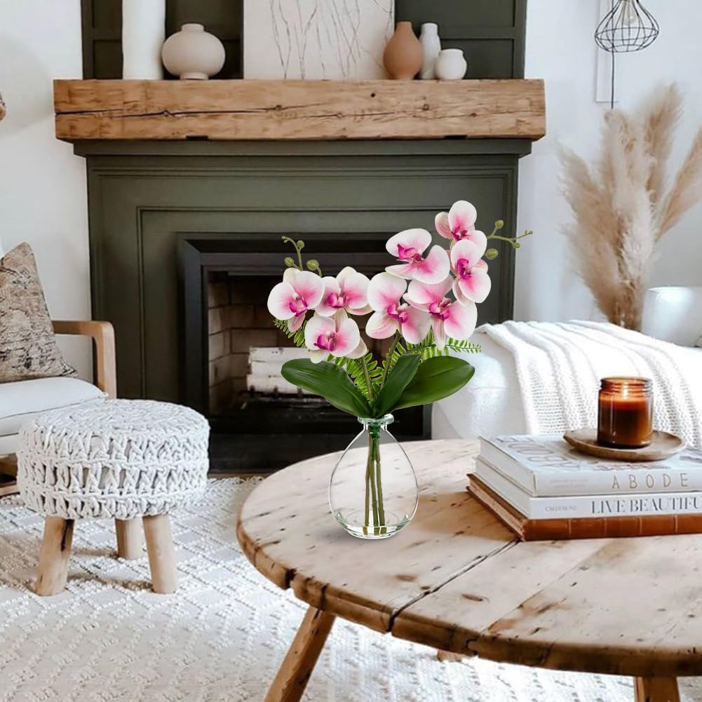 Pink Orchids Artificial Flowers, Faux Orchid in Glass Vase Real Touch Small Phalaenopsis Orchid Flowers Arrangements with Clear Vase Orchids Centerpiece for Dining Room Table
