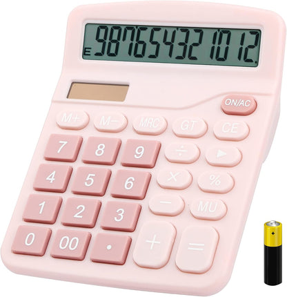 Desk Calculator, 12-Digit LCD Display Office Calculator – Dual Power, Compact and Lightweight, Easy-to-Read Display, Durable for Business, School, and Home (Pink)