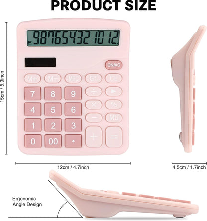 Desk Calculator, 12-Digit LCD Display Office Calculator – Dual Power, Compact and Lightweight, Easy-to-Read Display, Durable for Business, School, and Home (Pink)
