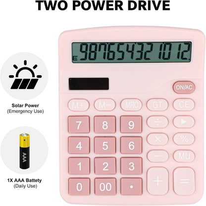Desk Calculator, 12-Digit LCD Display Office Calculator – Dual Power, Compact and Lightweight, Easy-to-Read Display, Durable for Business, School, and Home (Pink)