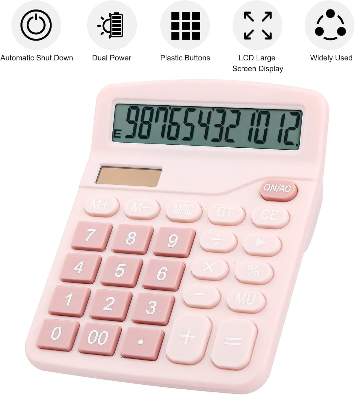 Desk Calculator, 12-Digit LCD Display Office Calculator – Dual Power, Compact and Lightweight, Easy-to-Read Display, Durable for Business, School, and Home (Pink)