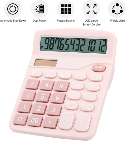 Desk Calculator, 12-Digit LCD Display Office Calculator – Dual Power, Compact and Lightweight, Easy-to-Read Display, Durable for Business, School, and Home (Pink)