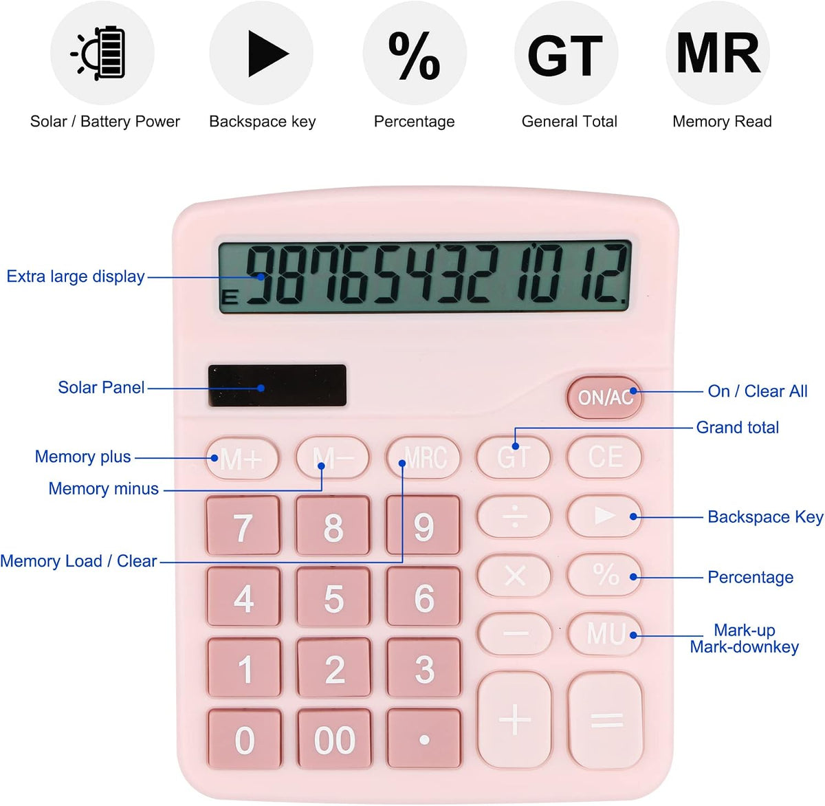 Desk Calculator, 12-Digit LCD Display Office Calculator – Dual Power, Compact and Lightweight, Easy-to-Read Display, Durable for Business, School, and Home (Pink)