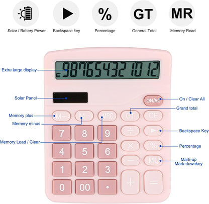 Desk Calculator, 12-Digit LCD Display Office Calculator – Dual Power, Compact and Lightweight, Easy-to-Read Display, Durable for Business, School, and Home (Pink)