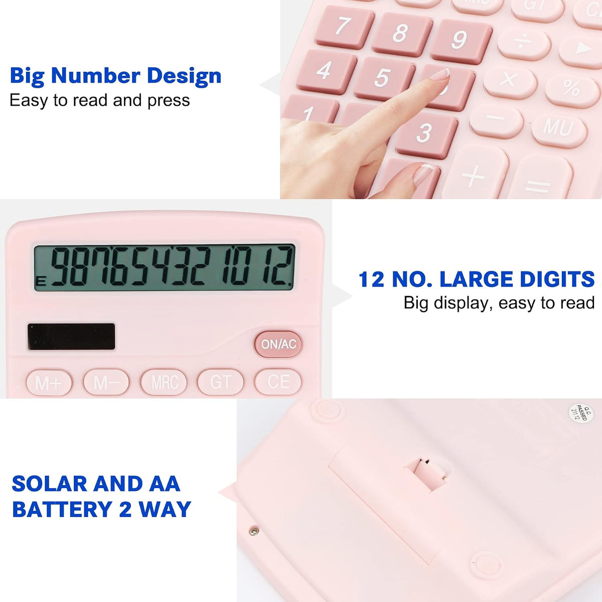 Desk Calculator, 12-Digit LCD Display Office Calculator – Dual Power, Compact and Lightweight, Easy-to-Read Display, Durable for Business, School, and Home (Pink)