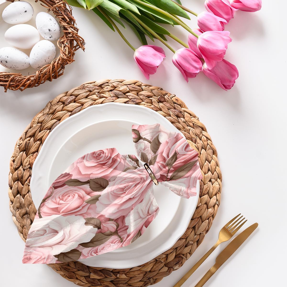 Pink Rose Flower Cloth Napkins Spring Floral 20x20 Inch Dinner Reusable Napkins Washable Table Cloth Napkin for Party Wedding Home Holiday Restaurant Decoration