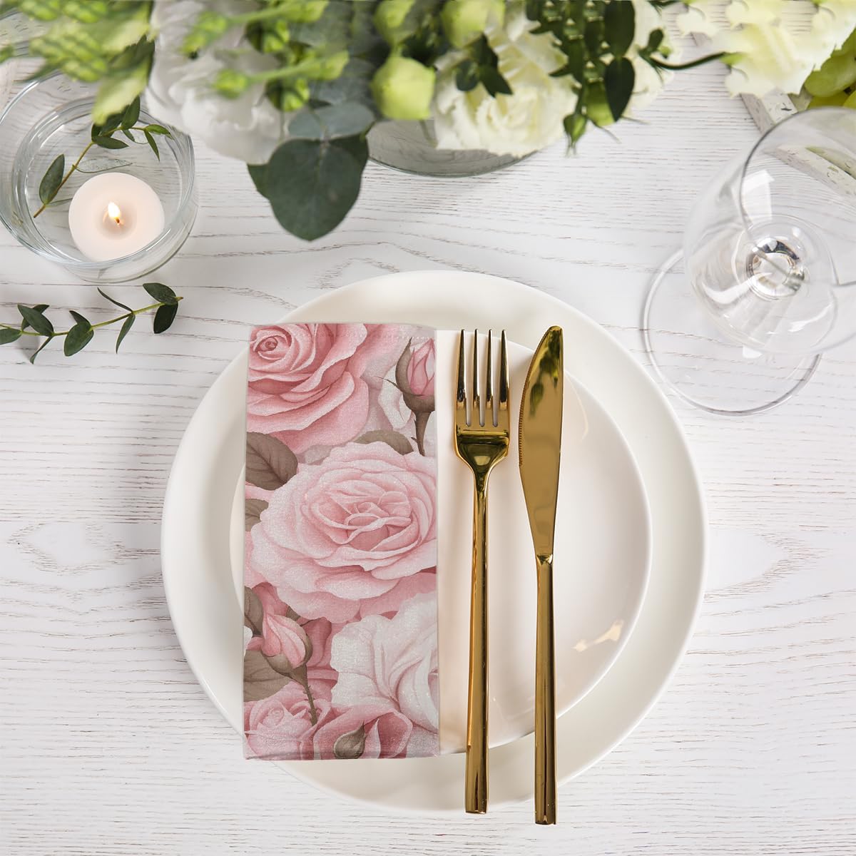 Pink Rose Flower Cloth Napkins Spring Floral 20x20 Inch Dinner Reusable Napkins Washable Table Cloth Napkin for Party Wedding Home Holiday Restaurant Decoration