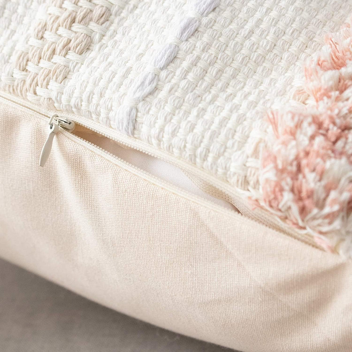 Boho Throw Pillow Covers Tufted Decorative Pillows Cover for Couch Bed Small Lumbar 12 x 20 inch Pillow Cover, Modern Accent Farmhouse Neutral Throw Pillow Case, Pink