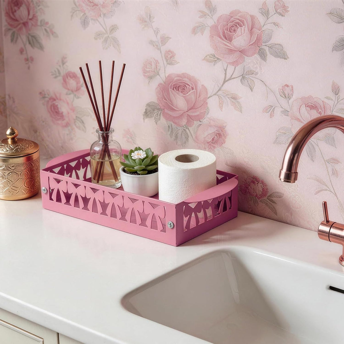 Pink Bow Toilet Paper Basket Metal Bathroom Organizer Pink Bathroom Decor Cute Toilet Paper Holder Coquette Bathroom Accessories Feminine Toilet Basket for Vanity Counter Shelf