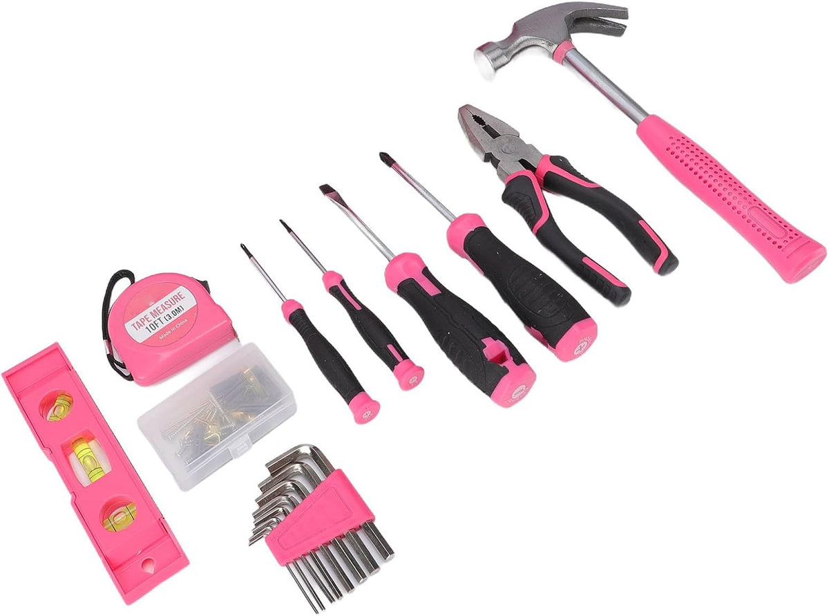 18 Piece Pink Tool Kit, Home Repair Tool Set with Ergonomic Non Slip Handles and Carbon Steel Heads, for Women Household DIY Projects and Small Repairs (18Pcs)