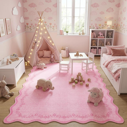 4x6 Scalloped Washable Area Rug Pink Nursery Kids Bedroom Rug