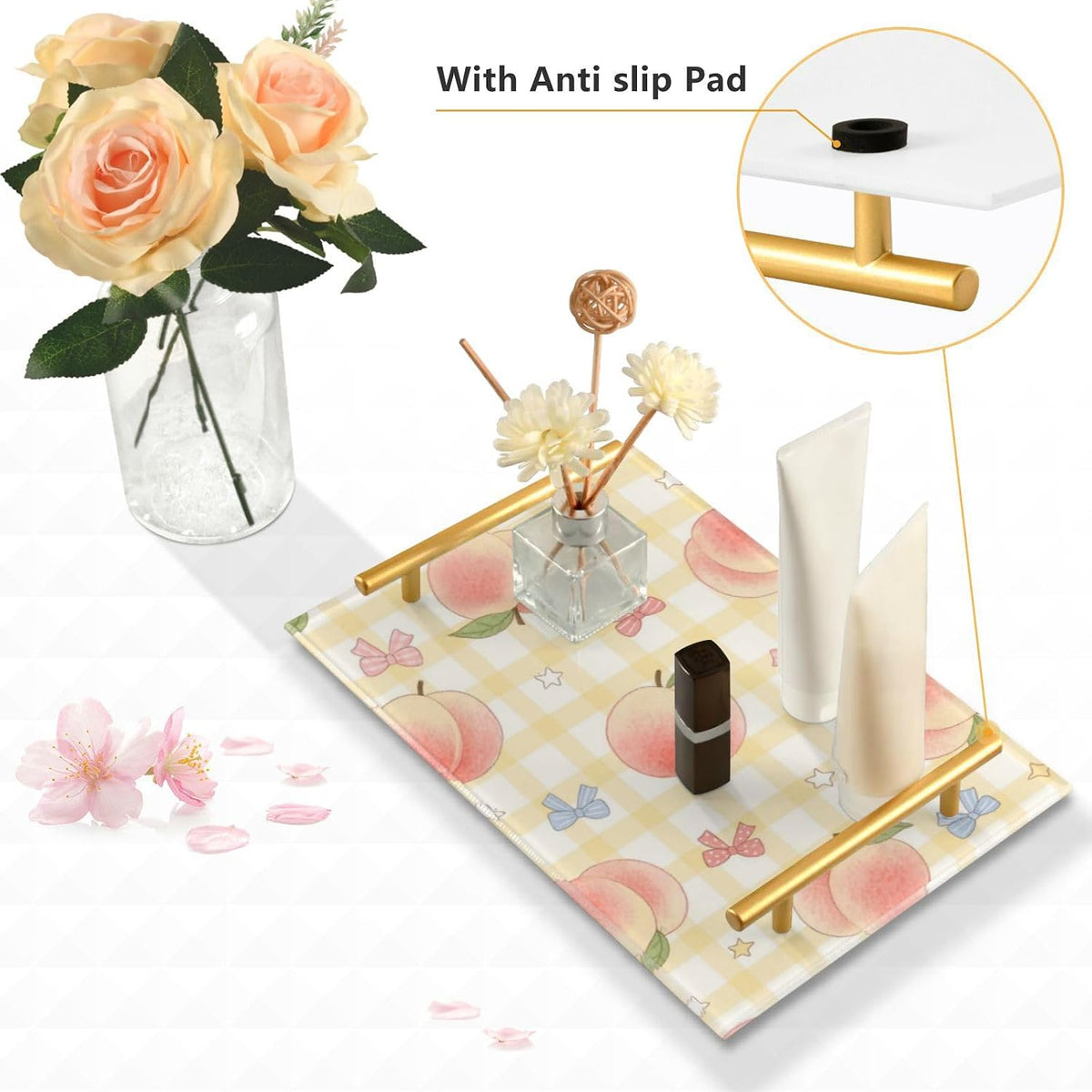 Cute Pink Peaches Decorative Couch Tray with Handles Table Serving Tray for Jewelry Perfume for Decorative Food bandeja para Cafe Set