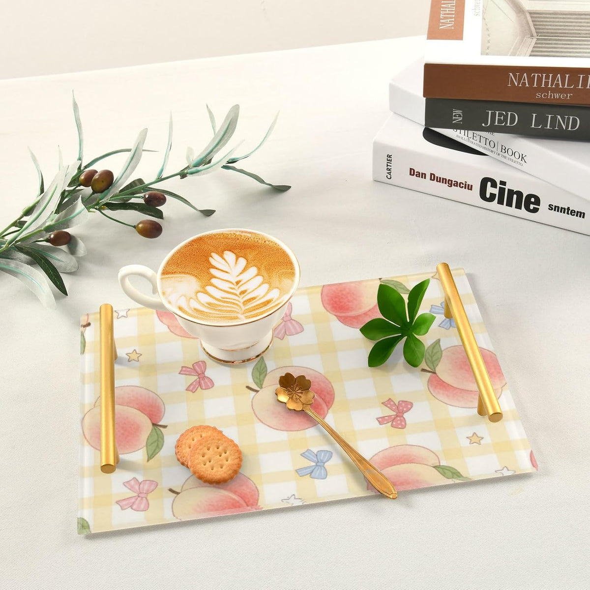 Cute Pink Peaches Decorative Couch Tray with Handles Table Serving Tray for Jewelry Perfume for Decorative Food bandeja para Cafe Set