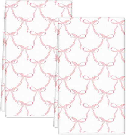 2Pcs Coquette Pink Bow Kitchen Towel Pink Ribbon Dish Towels Waffle Hand Drying Tea Towel for Cooking Baking Cleaning 18 x 28 Inch
