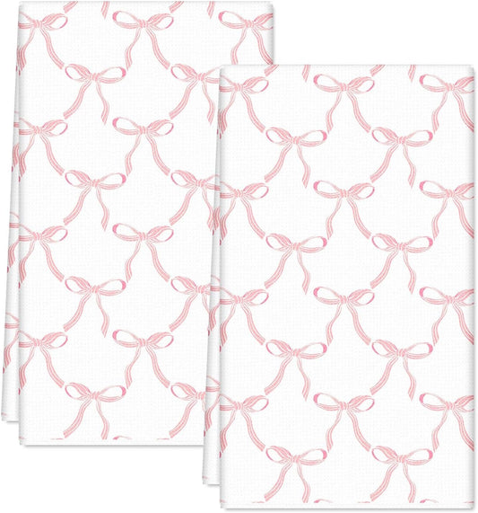 2Pcs Coquette Pink Bow Kitchen Towel Pink Ribbon Dish Towels Waffle Hand Drying Tea Towel for Cooking Baking Cleaning 18 x 28 Inch
