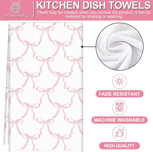 2Pcs Coquette Pink Bow Kitchen Towel Pink Ribbon Dish Towels Waffle Hand Drying Tea Towel for Cooking Baking Cleaning 18 x 28 Inch