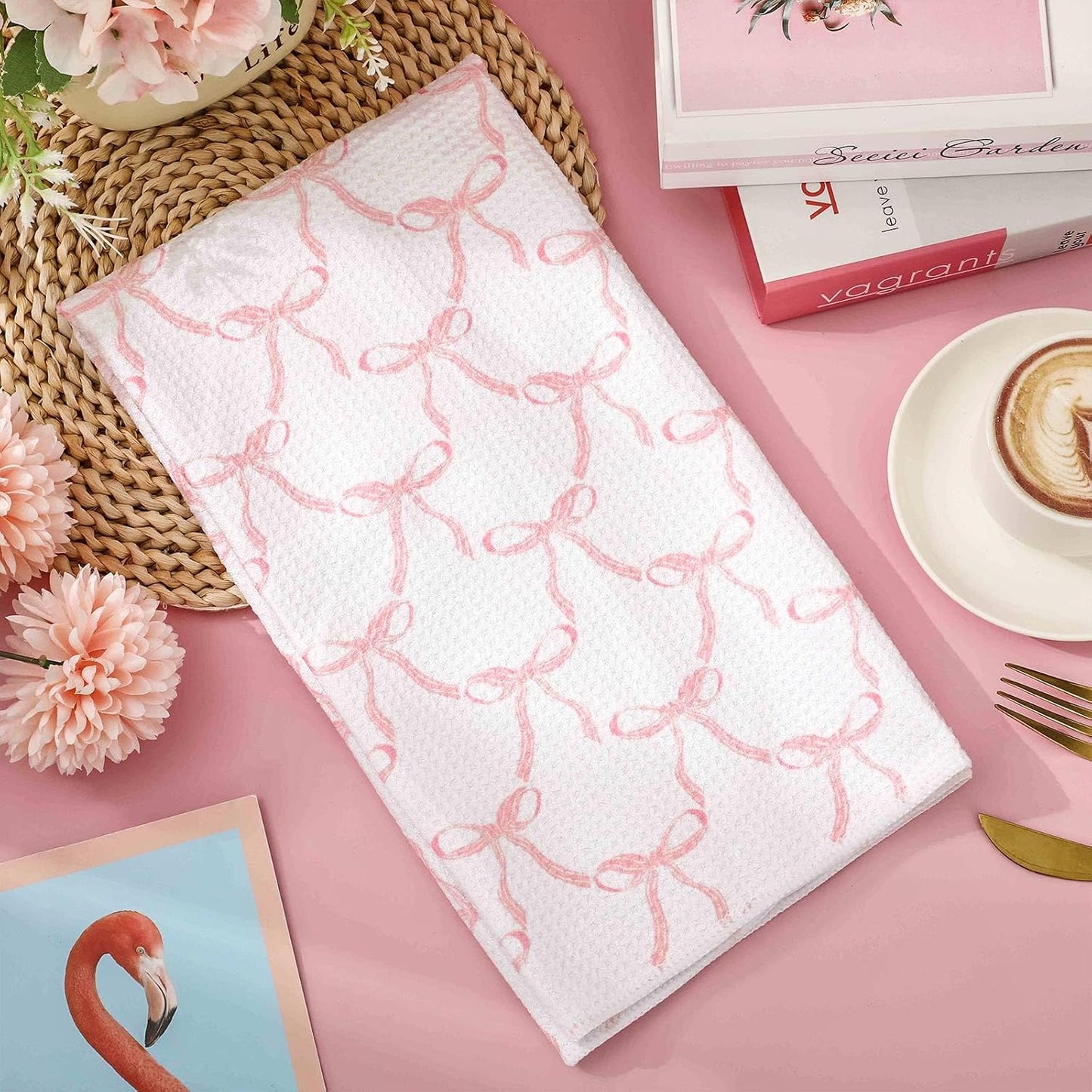 2Pcs Coquette Pink Bow Kitchen Towel Pink Ribbon Dish Towels Waffle Hand Drying Tea Towel for Cooking Baking Cleaning 18 x 28 Inch