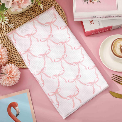 2Pcs Coquette Pink Bow Kitchen Towel Pink Ribbon Dish Towels Waffle Hand Drying Tea Towel for Cooking Baking Cleaning 18 x 28 Inch