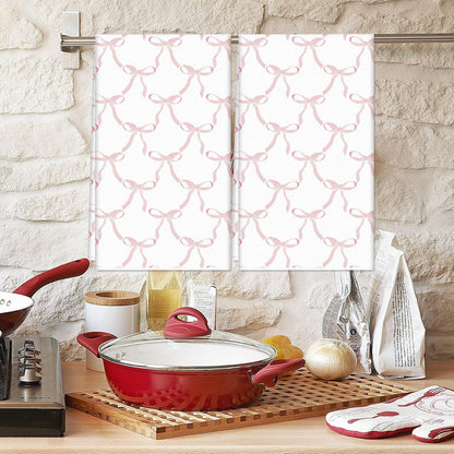 2Pcs Coquette Pink Bow Kitchen Towel Pink Ribbon Dish Towels Waffle Hand Drying Tea Towel for Cooking Baking Cleaning 18 x 28 Inch