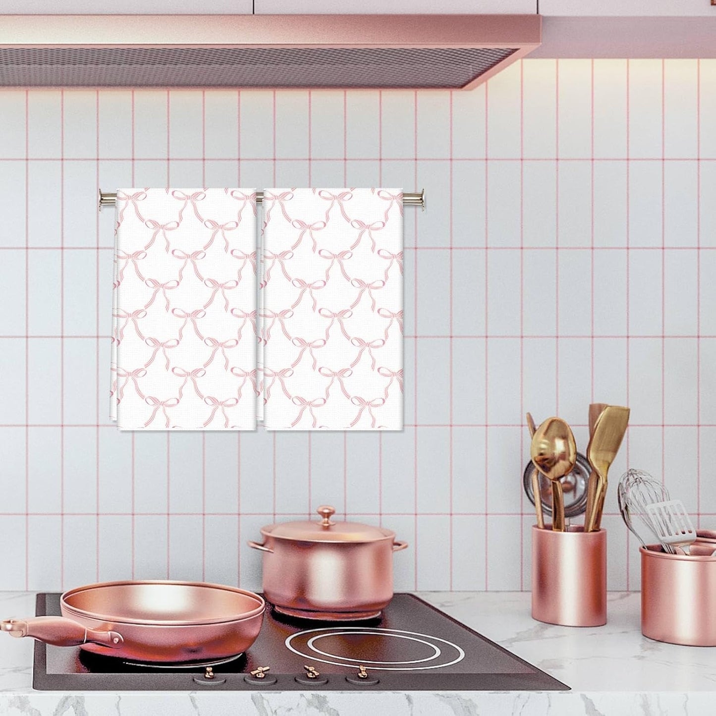 2Pcs Coquette Pink Bow Kitchen Towel Pink Ribbon Dish Towels Waffle Hand Drying Tea Towel for Cooking Baking Cleaning 18 x 28 Inch