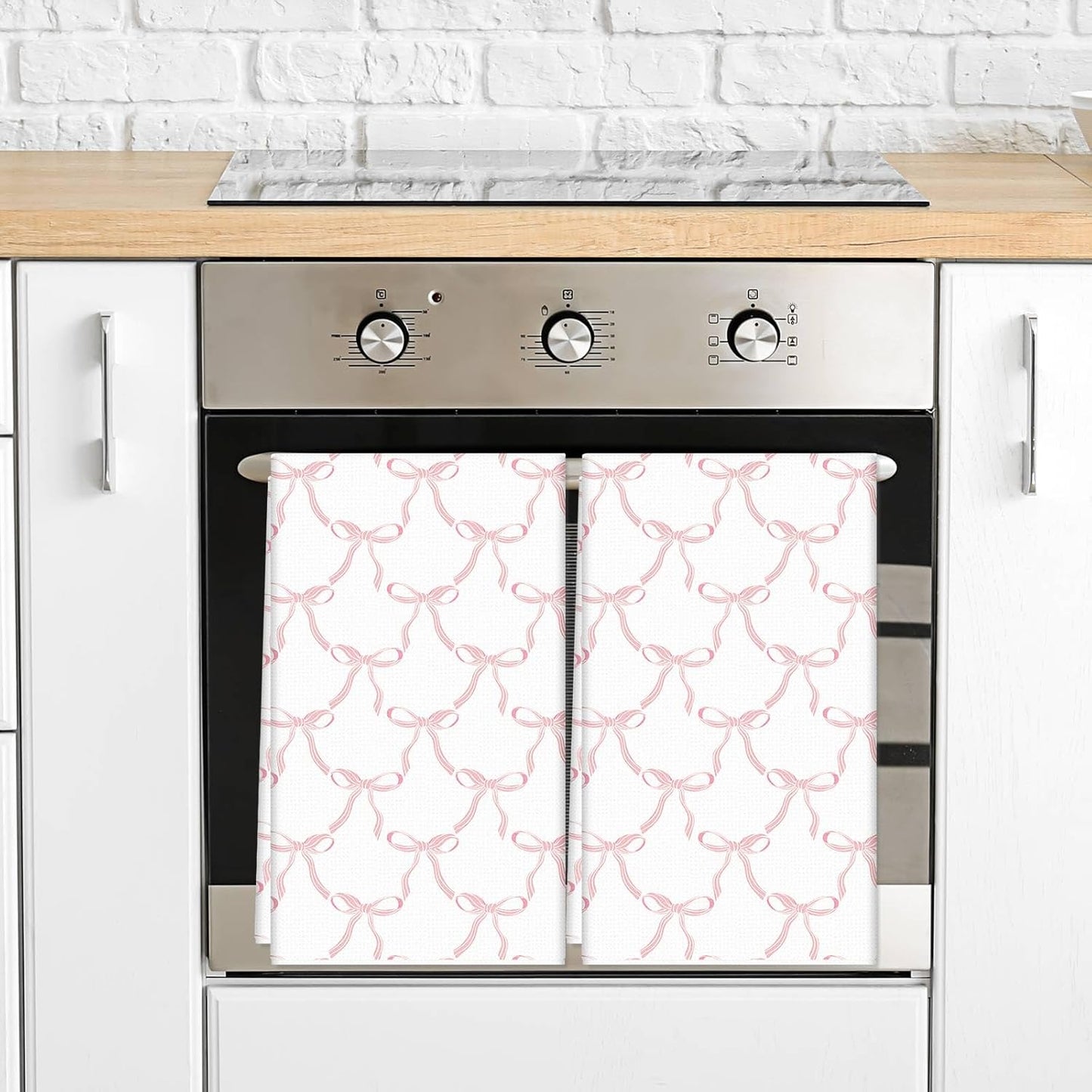 2Pcs Coquette Pink Bow Kitchen Towel Pink Ribbon Dish Towels Waffle Hand Drying Tea Towel for Cooking Baking Cleaning 18 x 28 Inch