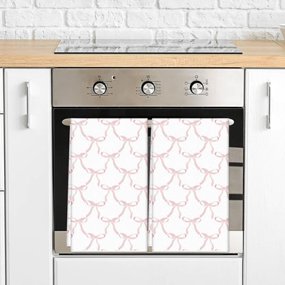 2Pcs Coquette Pink Bow Kitchen Towel Pink Ribbon Dish Towels Waffle Hand Drying Tea Towel for Cooking Baking Cleaning 18 x 28 Inch