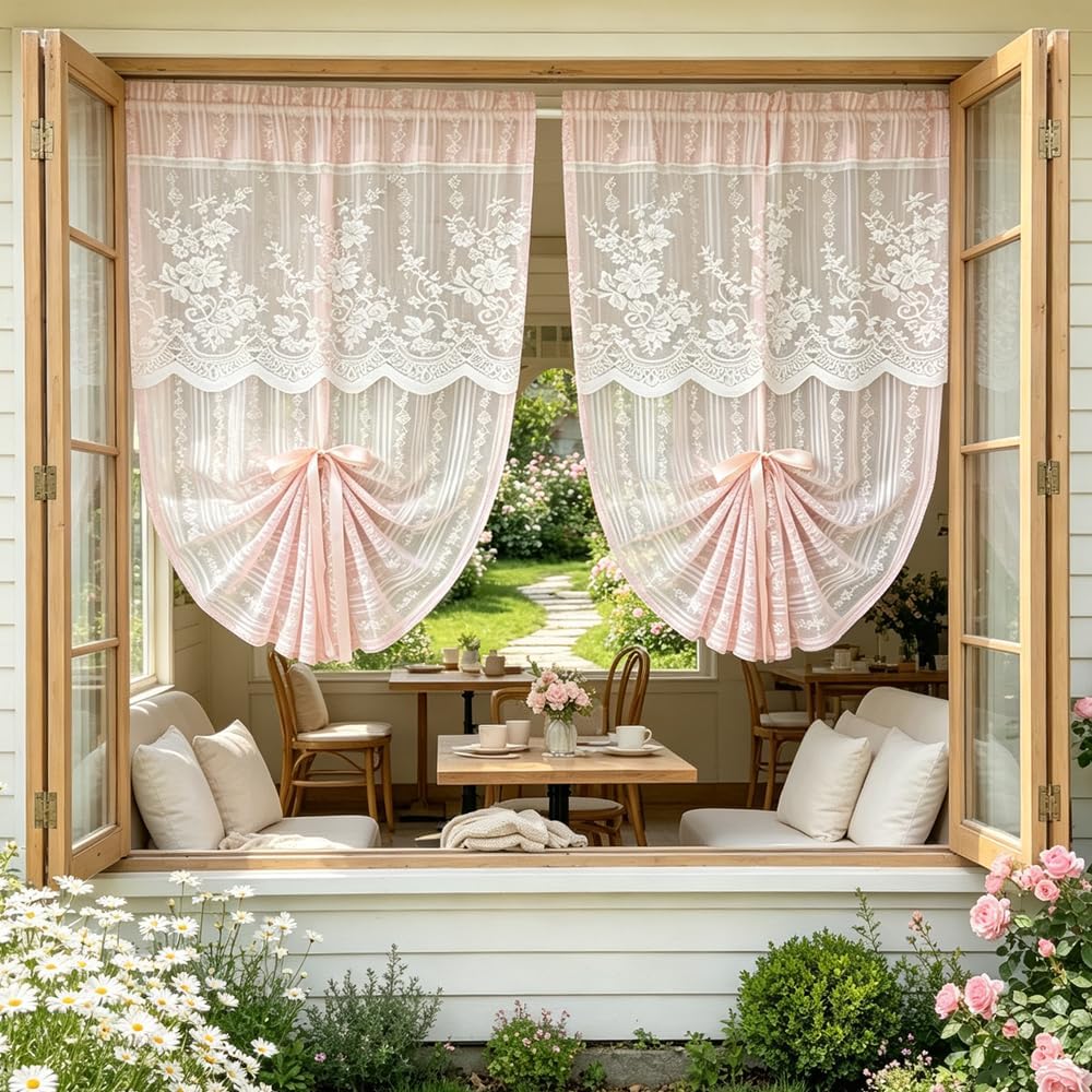 2PC Pink Floral Lace Balloon Curtain Semi Sheer Tie Up Roman Shade