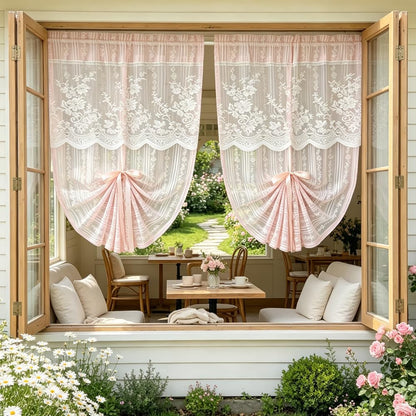 2PC Pink Floral Lace Balloon Curtain Semi Sheer Tie Up Roman Shade