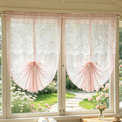2PC Pink Floral Lace Balloon Curtain Semi Sheer Tie Up Roman Shade