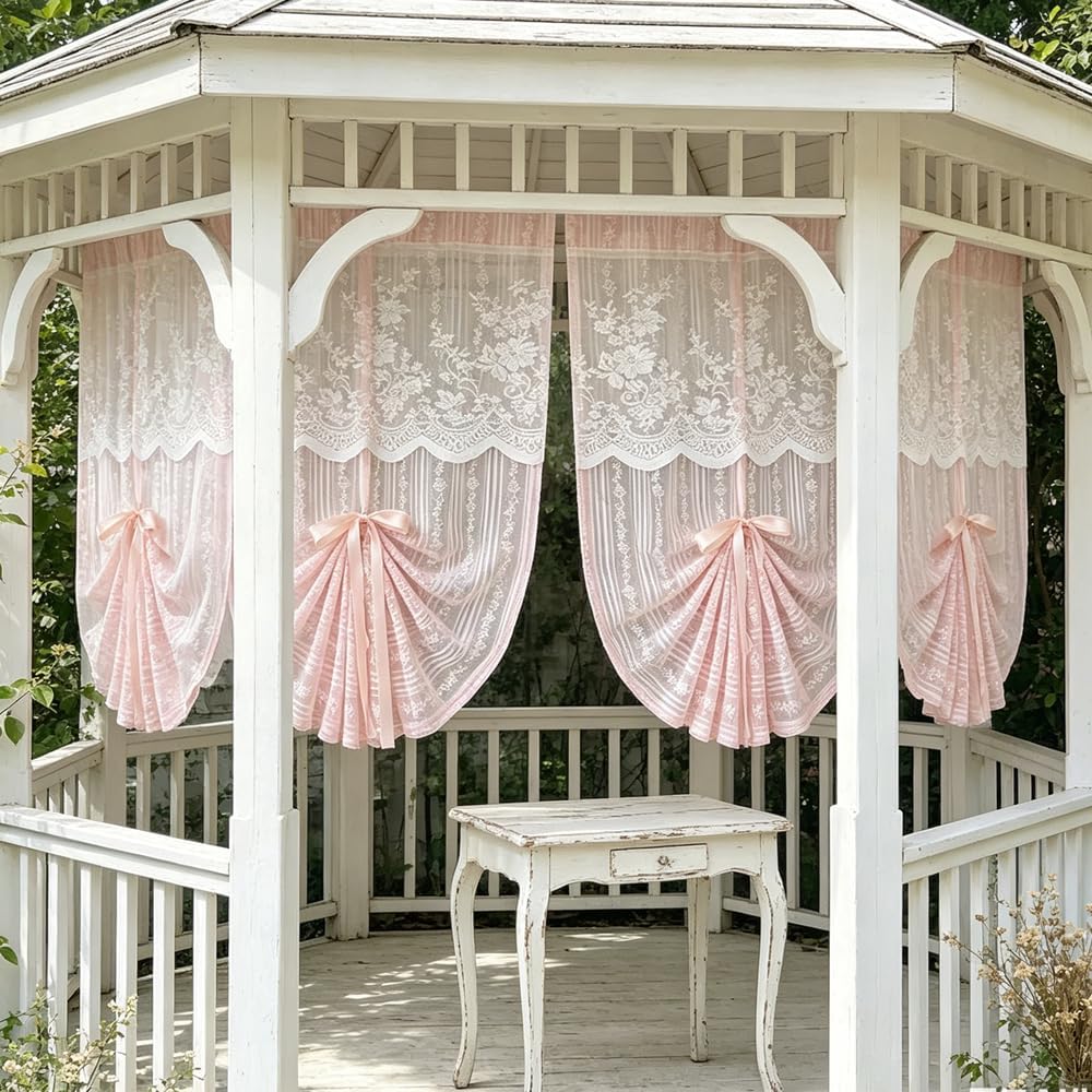 2PC Pink Floral Lace Balloon Curtain Semi Sheer Tie Up Roman Shade