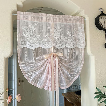 2PC Pink Floral Lace Balloon Curtain Semi Sheer Tie Up Roman Shade