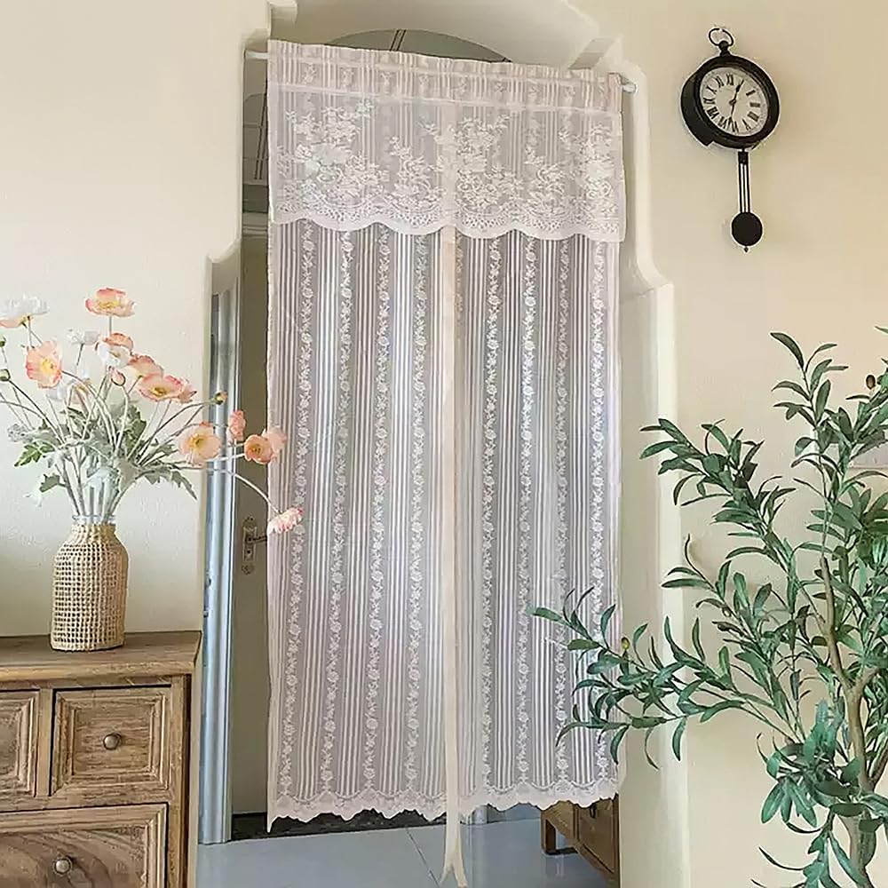 2PC Pink Floral Lace Balloon Curtain Semi Sheer Tie Up Roman Shade