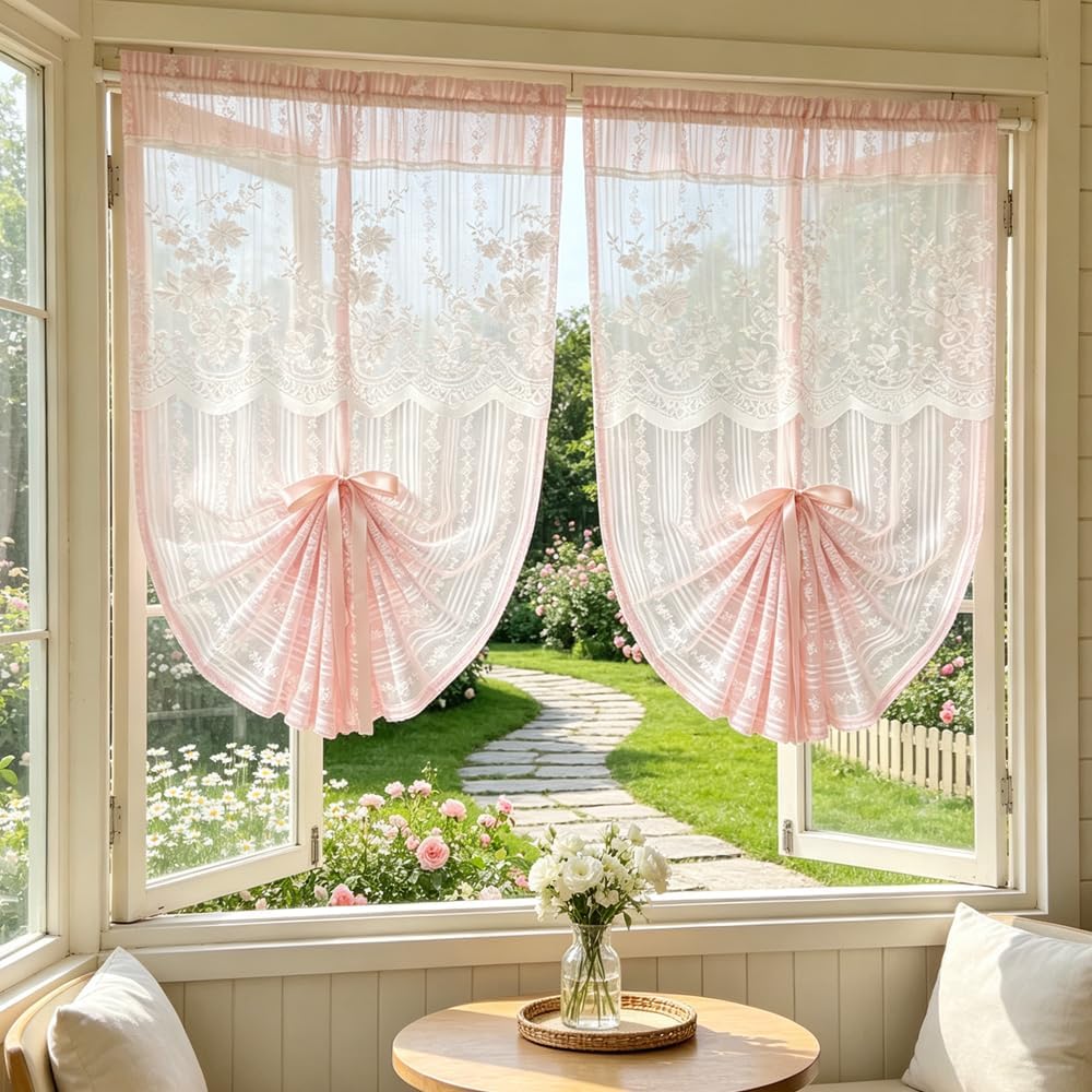 2PC Pink Floral Lace Balloon Curtain Semi Sheer Tie Up Roman Shade