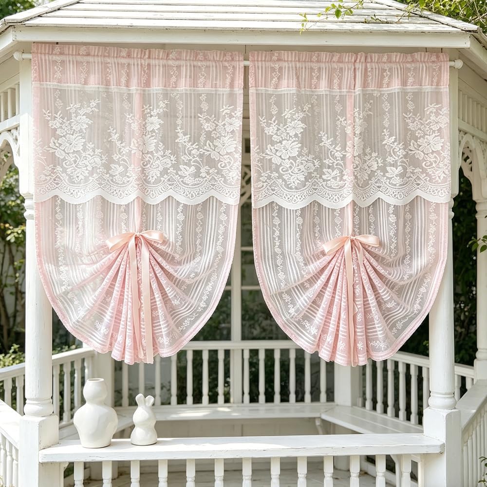2PC Pink Floral Lace Balloon Curtain Semi Sheer Tie Up Roman Shade