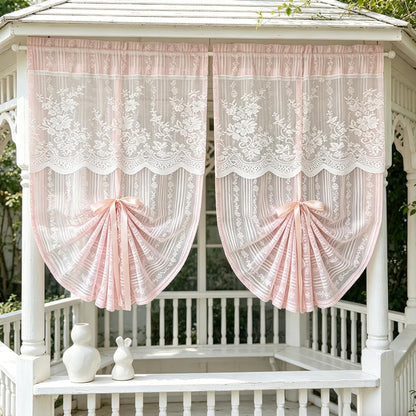 2PC Pink Floral Lace Balloon Curtain Semi Sheer Tie Up Roman Shade