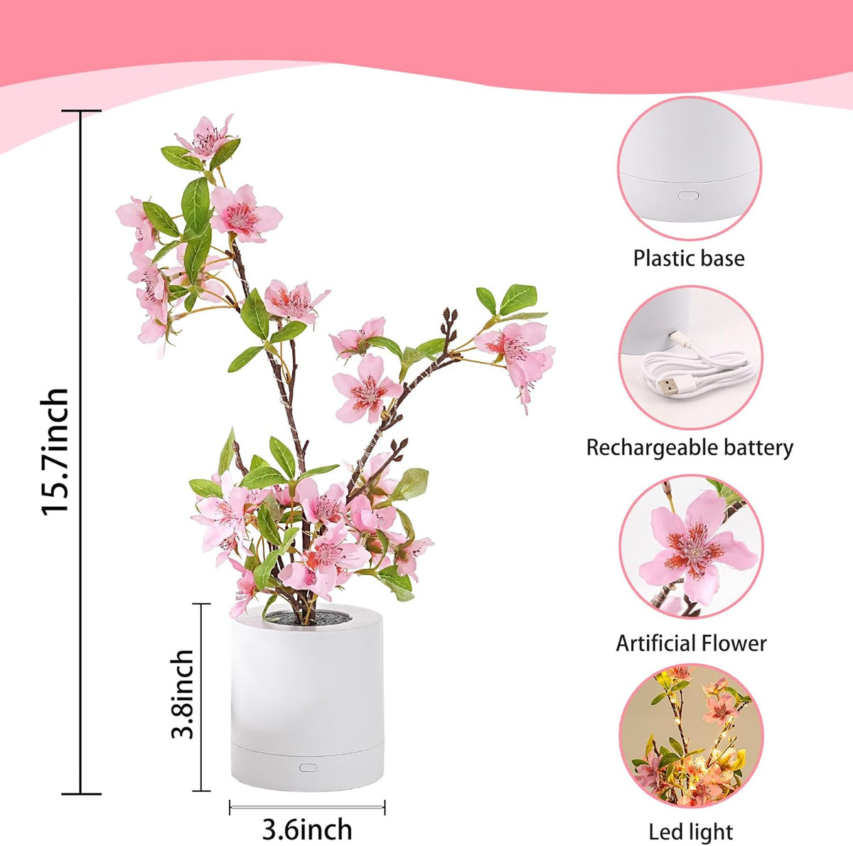 Pink Cherry Blossom in Pot, Artificial Cherry Fake Flower Lamp Indoor Outdoor Home Garden Office Decor for Wedding,Birthday,Party,Christmas
