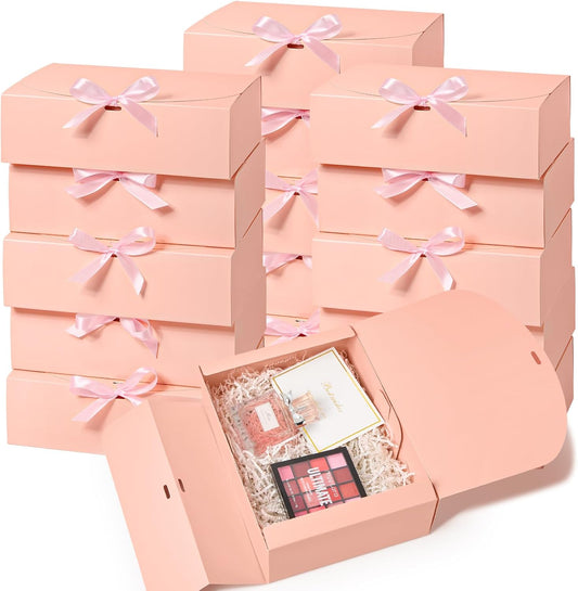 Kucoele Gift Boxes with Lids, Pink, 15 Pack, 10.6 x 7.8 x 3.1 Inches | With Ribbon, Bridesmaid Groomsman Proposal Boxes, For Wedding, Birthday