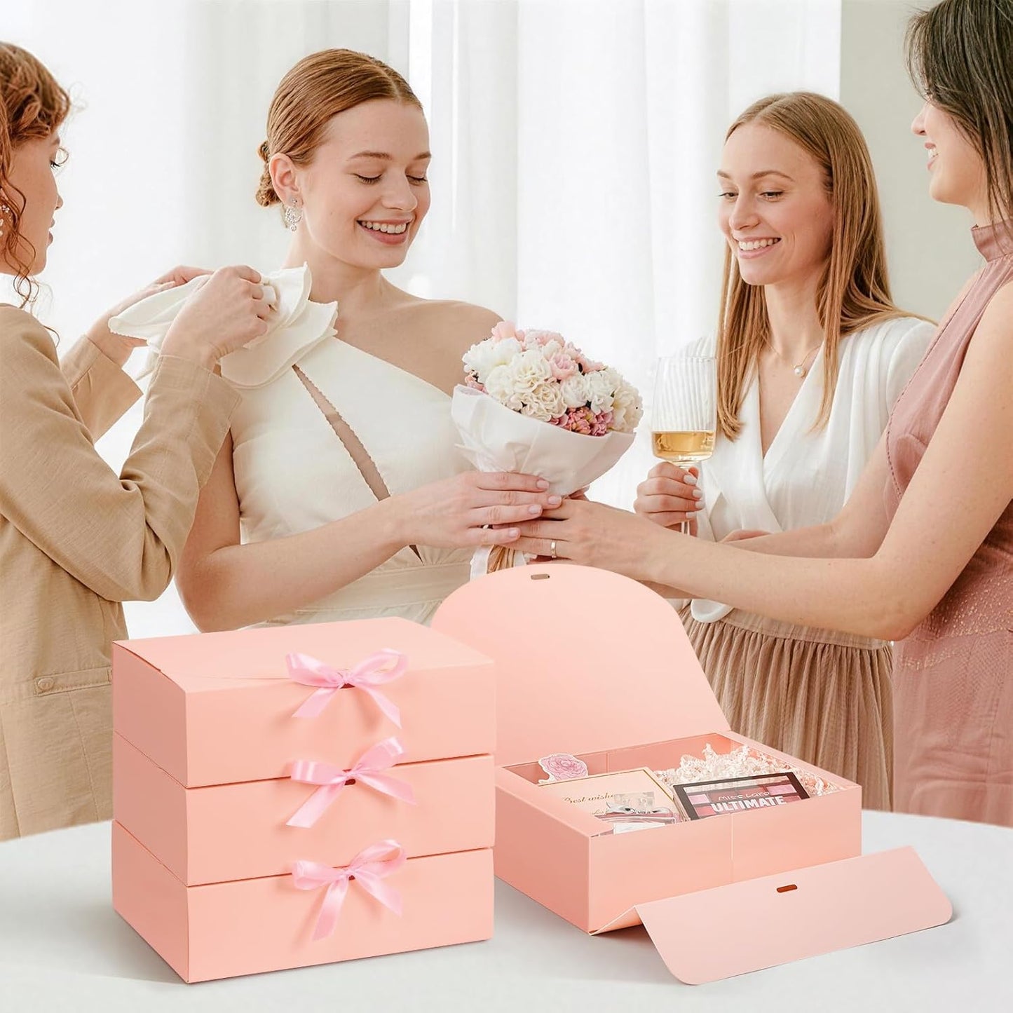 Kucoele Gift Boxes with Lids, Pink, 15 Pack, 10.6 x 7.8 x 3.1 Inches | With Ribbon, Bridesmaid Groomsman Proposal Boxes, For Wedding, Birthday