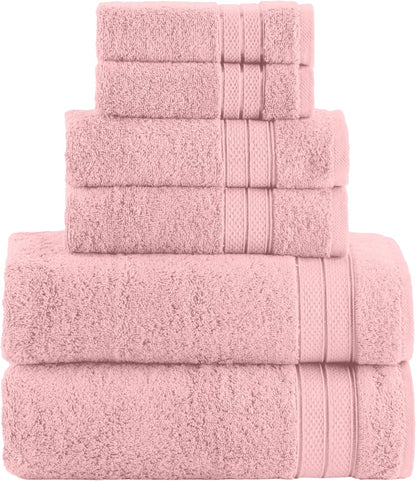 Luxury 6-Piece Towel Set, Premium Soft 100% Turkish Cotton, Three Line Popcorn Design 2 Bath Towels, 2 Hand Towels and 2 Washcloths Towel Set - Quick-Drying and Absorbent, Dusty Pink