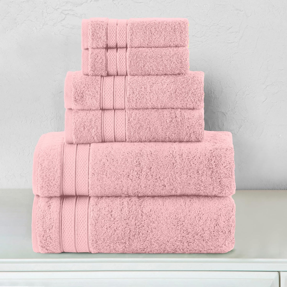 Luxury 6-Piece Towel Set, Premium Soft 100% Turkish Cotton, Three Line Popcorn Design 2 Bath Towels, 2 Hand Towels and 2 Washcloths Towel Set - Quick-Drying and Absorbent, Dusty Pink