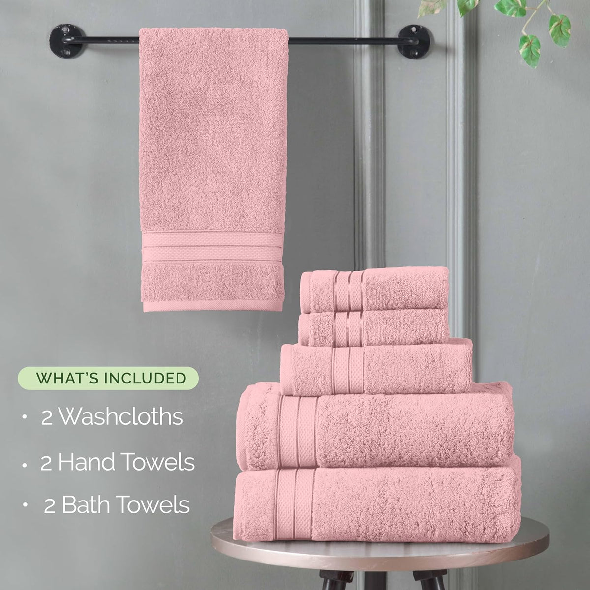 Luxury 6-Piece Towel Set, Premium Soft 100% Turkish Cotton, Three Line Popcorn Design 2 Bath Towels, 2 Hand Towels and 2 Washcloths Towel Set - Quick-Drying and Absorbent, Dusty Pink