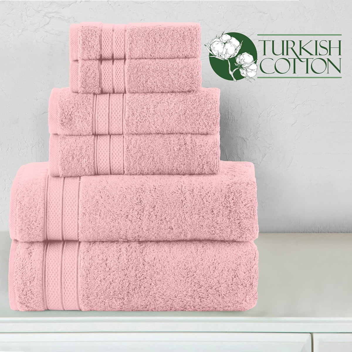 Luxury 6-Piece Towel Set, Premium Soft 100% Turkish Cotton, Three Line Popcorn Design 2 Bath Towels, 2 Hand Towels and 2 Washcloths Towel Set - Quick-Drying and Absorbent, Dusty Pink