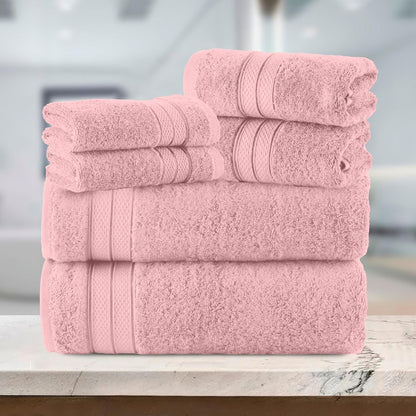 Luxury 6-Piece Towel Set, Premium Soft 100% Turkish Cotton, Three Line Popcorn Design 2 Bath Towels, 2 Hand Towels and 2 Washcloths Towel Set - Quick-Drying and Absorbent, Dusty Pink