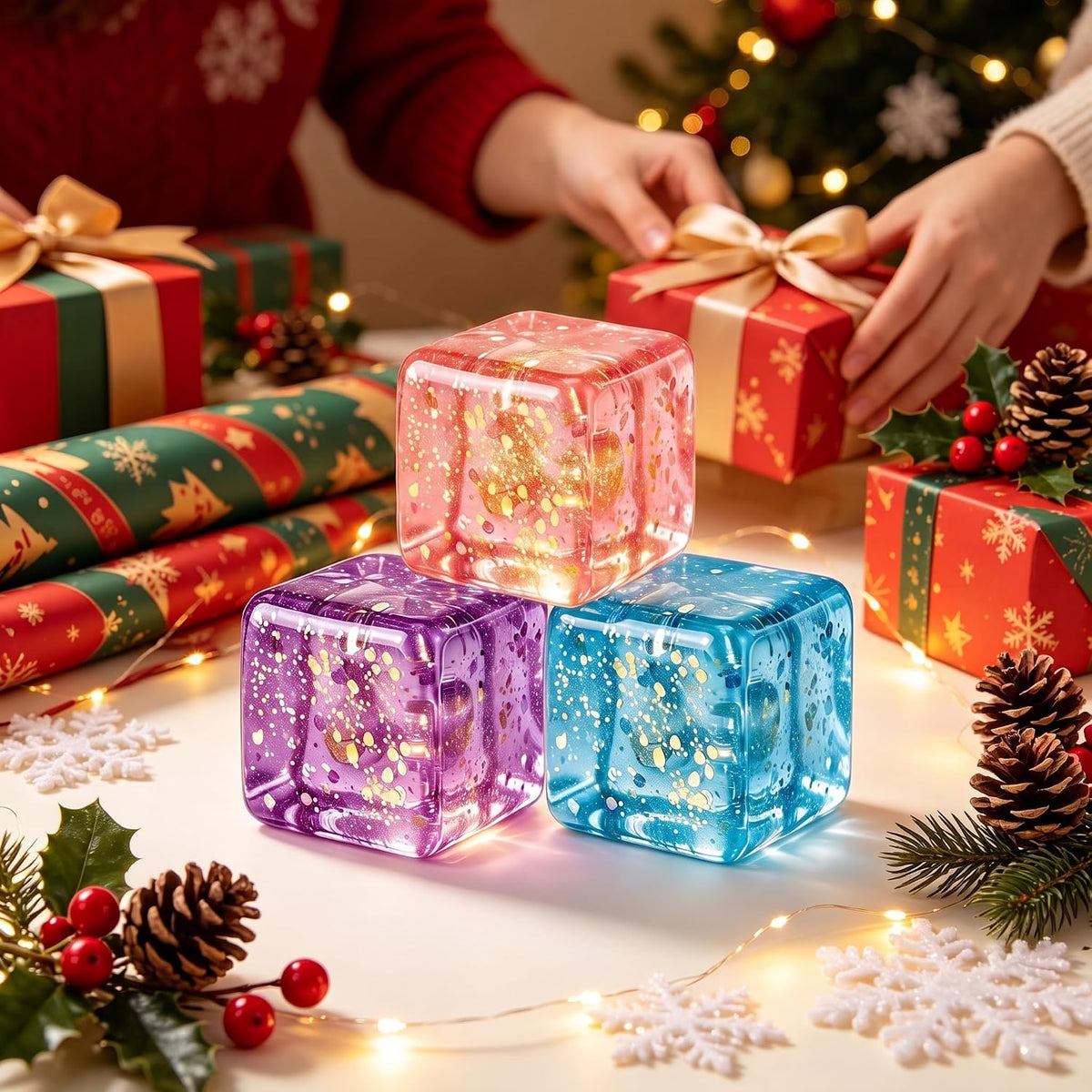 Pink Glitter Cube Vase Filler Figures for Adults, Clear Cube Decorative Fidget Vase Filler, Portable Decor Accent for Birthday