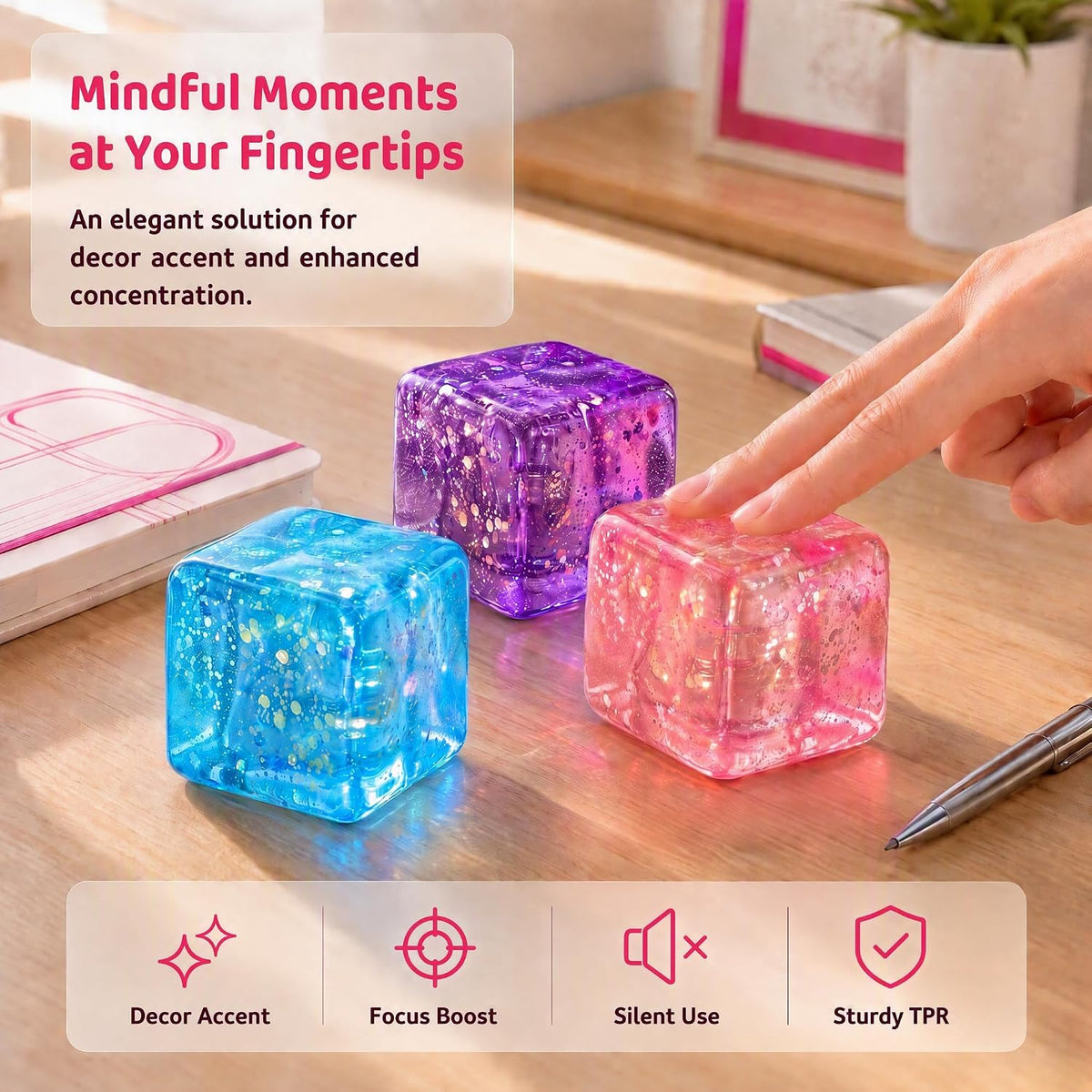Pink Glitter Cube Vase Filler Figures for Adults, Clear Cube Decorative Fidget Vase Filler, Portable Decor Accent for Birthday