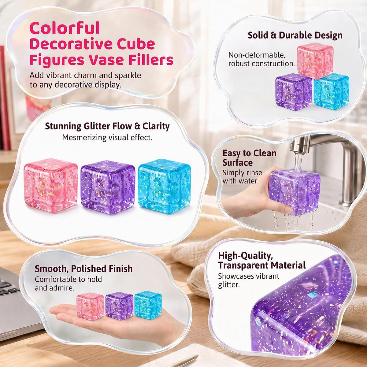Pink Glitter Cube Vase Filler Figures for Adults, Clear Cube Decorative Fidget Vase Filler, Portable Decor Accent for Birthday
