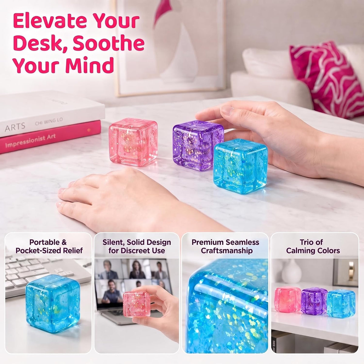 Pink Glitter Cube Vase Filler Figures for Adults, Clear Cube Decorative Fidget Vase Filler, Portable Decor Accent for Birthday