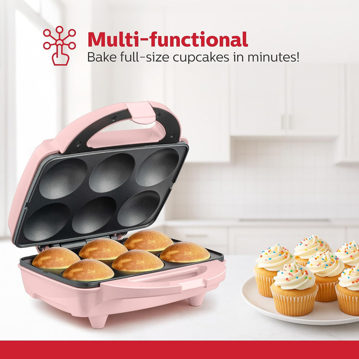 Non-Stick 6-Count Electric Cupcake Maker Machine – Bakes 6 Cupcakes, Muffins, Pizza Cups, Cinnamon Buns – Perfect for Gifts, Birthdays, Holidays, or Bake Sales, Pink